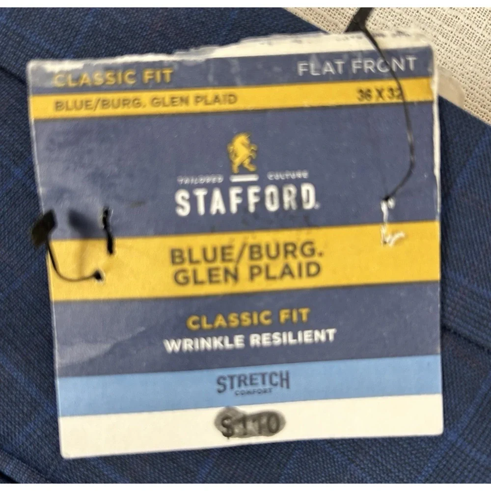 NWT Men's Stafford Blue Glen Plaid Dress Pants‎ Sz 36x32 Flat Front Stretch